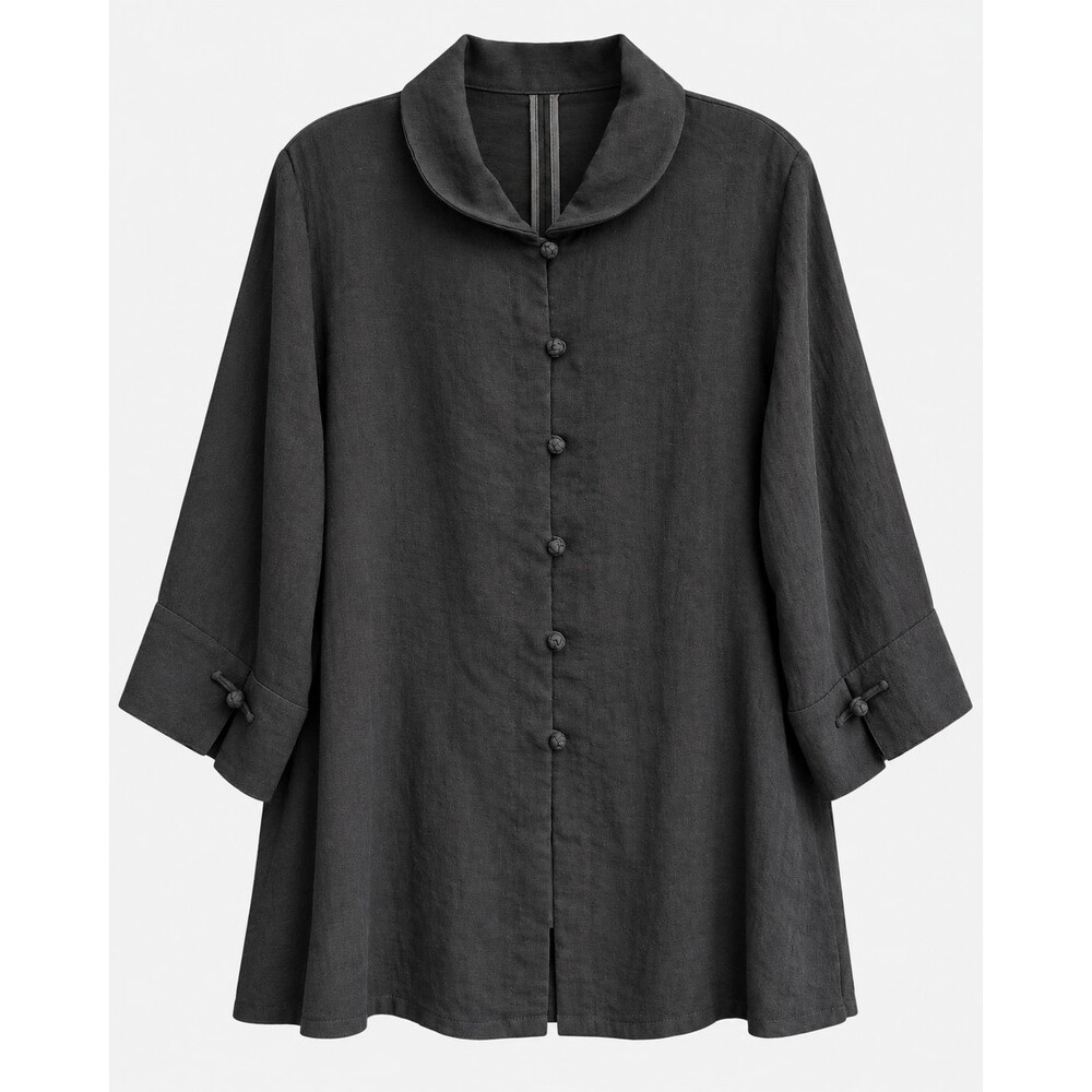 Fridaze XL Black Linen Tunic Mandarin Collar Frog Button Lagenlook Art Wear